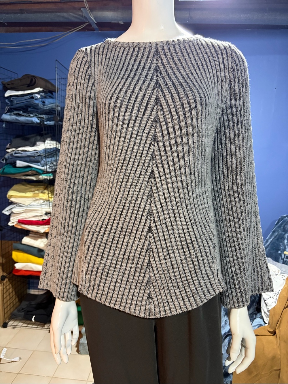 Style & Co Women’s Gray Black Ribbed Cable Knit Boat Neck Pullover Sweater M